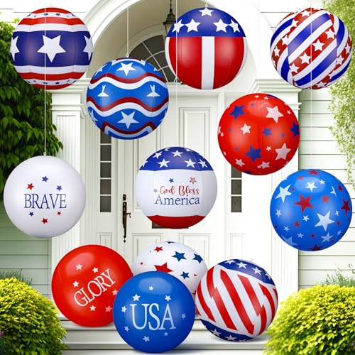 Jetec Aufblasbarer Ball zum 4. Juli, patriotische Outdoor-Dekoration, 30,5 cm, beleuchtet, PVC, USA-Flagge, Stern, hängende Ornamente, weiß, rot, blau, aufblasbar für Unabhängigkeitstag, Hofdekoration von Jetec