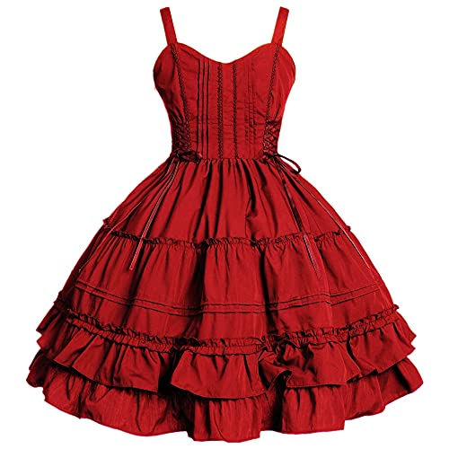 Damen Mädchen Weinkleider ärmellos Kawaii Vinage Gothic Kleid Halloween Anime Maid Cosplay Outfit XL Wein von Jeufoin