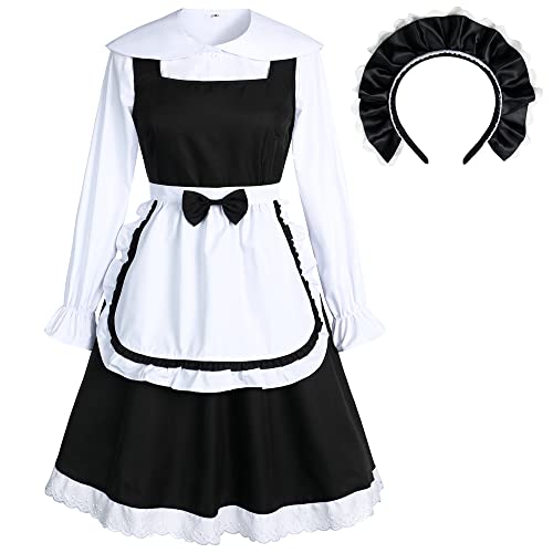 Japanisches süßes Lolita-Kleid für Damen, französisches Anime-Dienstmädchen, Kawaii, Cosplay-Kostüm, Kleid mit Dienstmädchen, Schürze, Stirnband, Set, XL, Schwarz von Jeufoin