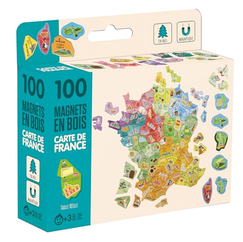 Jeujura - 100 Magnete aus Holz, Karte von Frankreich – Rekonstruktion der französischen Departements und Regionen – um die Tafeln zu begleiten – Magnete aus Holz – Geographie – Box 17 x 15 x 4 cm – ab von Jeujura