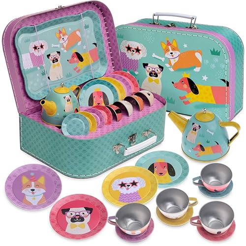 Jewelkeeper - Kinderspiel Zinn Teeservice und Tragetasche, Kindergeschirr Spielküche, 15-teilig - Hündchen Design von Jewelkeeper