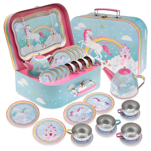 Jewelkeeper - Kinderspiel Zinn Teeservice & Tragetasche, Kindergeschirr Spielküche, 15-teilig - Regenbogen-Einhorn-Design von Jewelkeeper