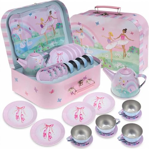 Jewelkeeper - Zinn Teeservice für Mädchen & Tragetasche, Kindergeschirr Spielküche, 15-teilig - Ballerina Design von Jewelkeeper
