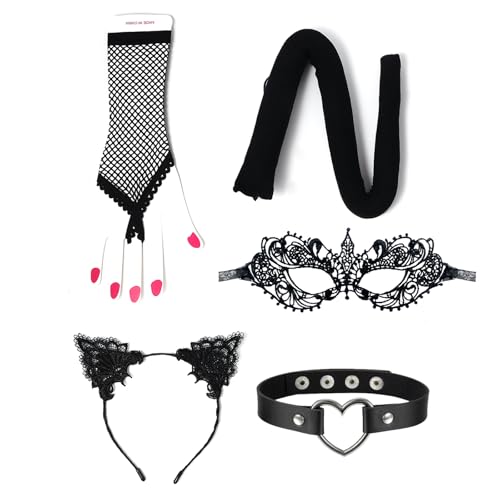 JewelryWe Catwoman Kostüm Katzenkostüm Set: 5 Stück Damen Schwarz Accessoires Spitze Maske Katzenohren Haarreif Handschuhe Schwanz Choker Halskette Gothic Halloween Karneval Cosplay Party Zubehör JewelryWe Catwoman Kostüm Katzenkostüm Set: 5 Stück Damen Schwarz Accessoires Spitze Maske Katzenohren Haarreif Handschuhe Schwanz Choker Halskette Gothic Halloween Karneval Cosplay Party Zubehör von JewelryWe