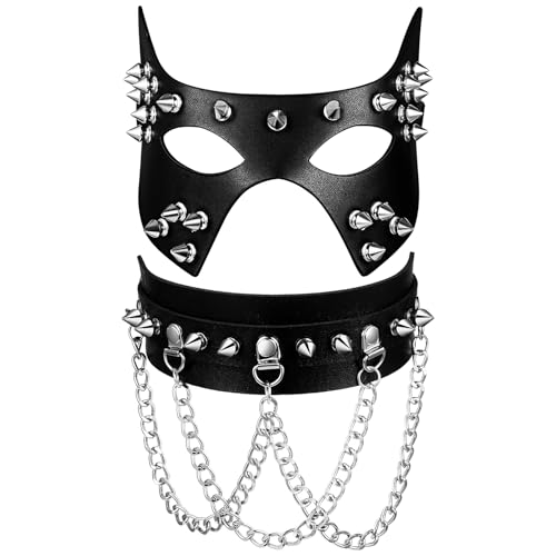 JewelryWe Katze Maske mit Halsband 2er Set: Schwarz Catwoman Maske Punk Gothic Leder Katzenmaske Choker Halskette mit Spikes Nieten & Ketten Damen Maskenball Kostüm für Halloween Karneval Cosplay von JewelryWe