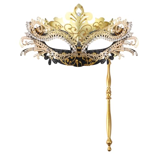 JewelryWe Maskerade Maske Damen mit Stab: Gold Strass Venezianische Maskenmaske mit Stock Halloween Kostümmmaske Gesichtsmaske Augenmaske für Karneval Party Ball Cosplay von JewelryWe