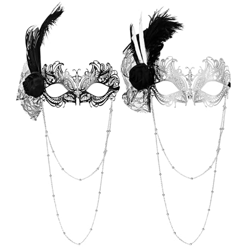 JewelryWe Maskerade Maske Metallmaske Damen: 2 Stück Metall Venezianische Maske mit Federn, Blume, Strass und Doppelschichtig Ketten Kostüm Augenmaske für Halloween Karneval Hochzeit Party Cosplay von JewelryWe