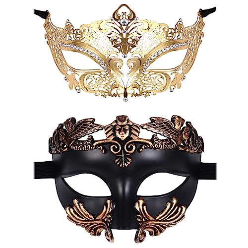 JewelryWe Maskerade Maske Paar Venezianische Maske - 2 Stück Gold/Schwarz Metallmaske Antike Römische Griechische Augenmaske Gesichtsmaske Kostüm für Halloween Karneval Party Damen Herren von JewelryWe