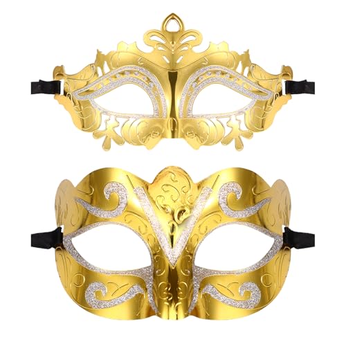 JewelryWe Maskerade Venezianische Maske Paar: 2 Stück Gold Glitzer Ultraleichte Maskenball Masken Damen Herren Faschingsmaske Augenmaske für Halloween Karneval Hochzeitsball Party Kostümball von JewelryWe