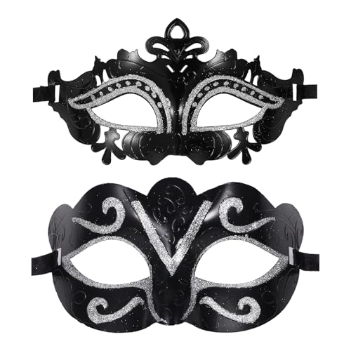 JewelryWe Maskerade Venezianische Maske Paar: 2 Stück Schwarz Glitzer Ultraleichte Maskenball Masken Damen Herren Faschingsmaske Augenmaske für Halloween Karneval Hochzeitsball Party Kostümball von JewelryWe