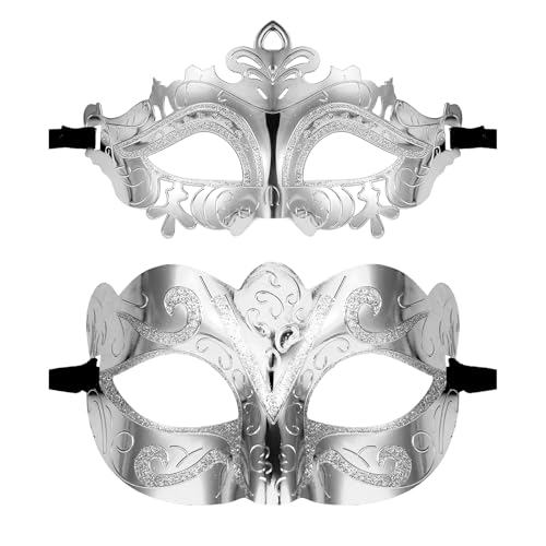 JewelryWe Maskerade Venezianische Maske Paar: 2 Stück Silber Glitzer Ultraleichte Maskenball Masken Damen Herren Faschingsmaske Augenmaske für Halloween Karneval Hochzeitsball Party Kostümball von JewelryWe