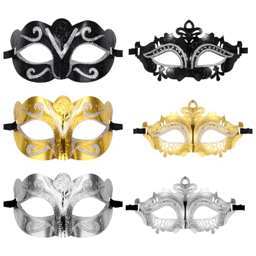 JewelryWe Maskerade Venezianische Maske Paar: 6 Stück Glitzer Ultraleichte Maskenball Masken Damen Herren Faschingsmaske Augenmaske für Halloween Karneval Hochzeitsball Party Kostümball von JewelryWe