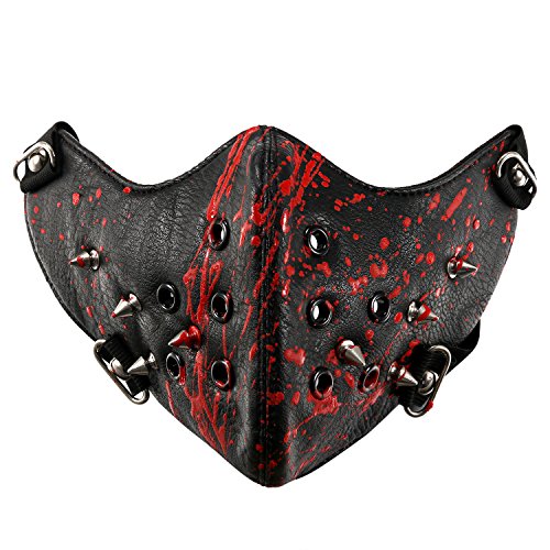 JewelryWe Motorrad Maske Gothic Punk Sturmmaske Skimaske Tarnmaske Half Face Gesicht Maske - Spike Spitze Nieten Schwarz Rot von JewelryWe