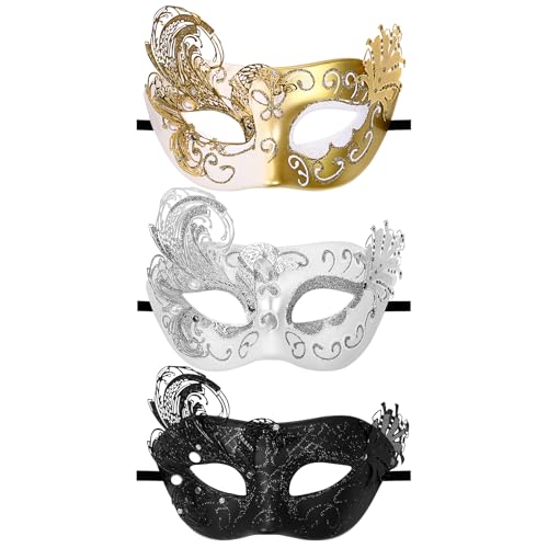 JewelryWe Pfau Maskerade Maske für Damen: 3 Stück Venezianische Maske Pfauen Design Glitzer Metallmaske mit Strass und Perlen Filigrane Augenmaske für Halloween Karneval Fasching Hochzeit Kostüm Party von JewelryWe
