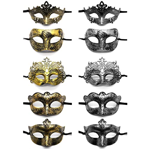 JewelryWe Schmuck 10 Stück Maskerade Maske Antiken griechischen römischen Venezianische Maske Augenmaske Gesicht Kostüm für Halloween Karneval Party Ball Cosplay Gold/Silber von JewelryWe