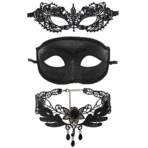 JewelryWe Schmuck 3 PCS Maske Halskette Set Schwarz Sexy Paar Venezianische Spitze Augenmaske Gothic Choker Kette Halsband Damen Maskerade Kostüm für Halloween Karneval Party Cosplay von JewelryWe