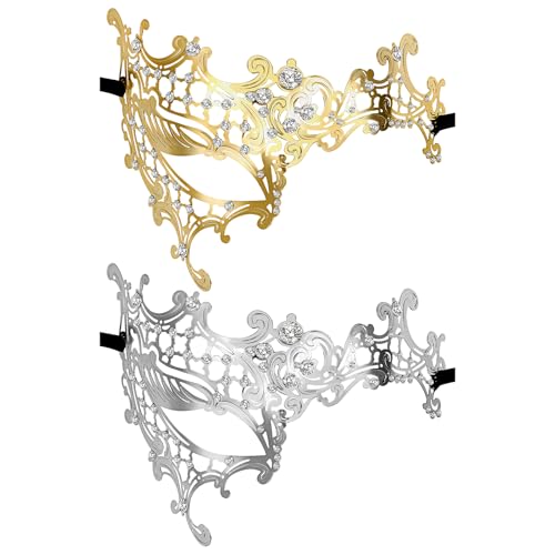 JewelryWe Venezianische Maske Metallmaske Damen: 2 Stück Metall Maskerade Maske Halbgesichtsmaske mit Glitzer Strass Diamanten Phantom der Oper Halbmaske für Halloween Karneval Hochzeit Kostüm Party von JewelryWe