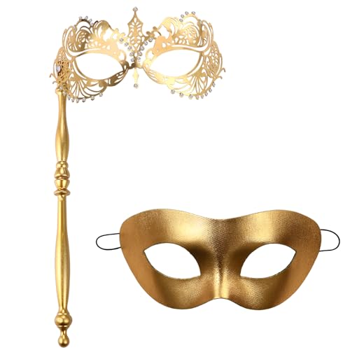 JewelryWe Venezianische Maske Paar mit Stab: 2 Stück Gold Maskerade Maske Augenmaske mit Haltestab Metall Strass Kostümmaske Accessoires für Karneval Halloween Party Maskenball von JewelryWe