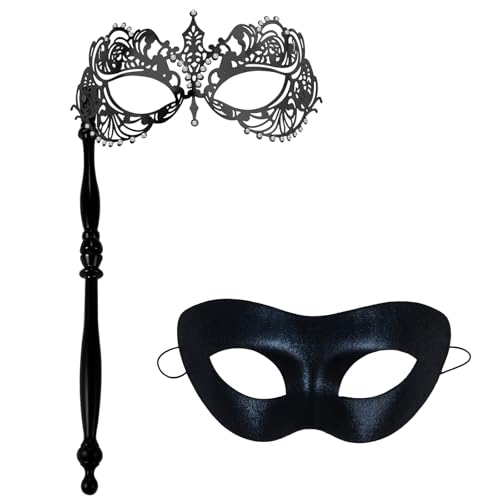 JewelryWe Venezianische Maske Paar mit Stab: 2 Stück Schwarz Maskerade Maske Augenmaske mit Haltestab Metall Strass Kostümmaske Accessoires für Karneval Halloween Party Maskenball von JewelryWe