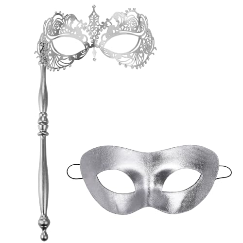 JewelryWe Venezianische Maske Paar mit Stab: 2 Stück Silber Maskerade Maske Augenmaske mit Haltestab Metall Strass Kostümmaske Accessoires für Karneval Halloween Party Maskenball von JewelryWe