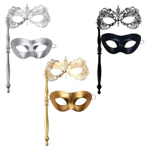 JewelryWe Venezianische Maske Paar mit Stab: 6 Stück Maskerade Maske Augenmaske mit Haltestab Metall Strass Kostümmaske Accessoires für Karneval Halloween Party Maskenball von JewelryWe