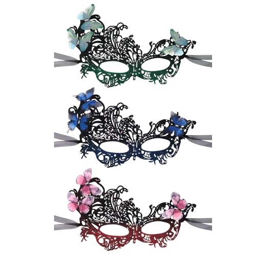 JewelryWe Venezianische Maske Spitzenmaske mit Schmetterlingen: 3 Stück Damen Spitze Schmetterling Maskerade Maske mit Strass 1920er Vintage Augenmaske für Karneval Halloween Party Maskenball von JewelryWe