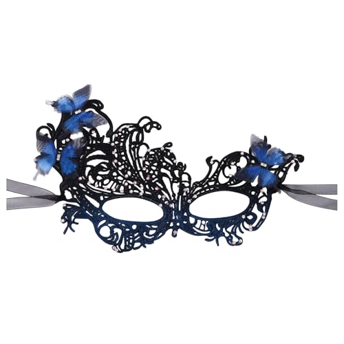 JewelryWe Venezianische Maske Spitzenmaske mit Schmetterlingen: Damen Spitze Schmetterling Maskerade Maske mit Strass 1920er Vintage Augenmaske für Karneval Halloween Party Maskenball Blau Schwarz von JewelryWe