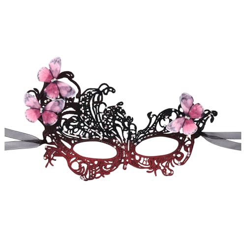JewelryWe Venezianische Maske Spitzenmaske mit Schmetterlingen: Damen Spitze Schmetterling Maskerade Maske mit Strass 1920er Vintage Augenmaske für Karneval Halloween Party Maskenball Rot Schwarz von JewelryWe