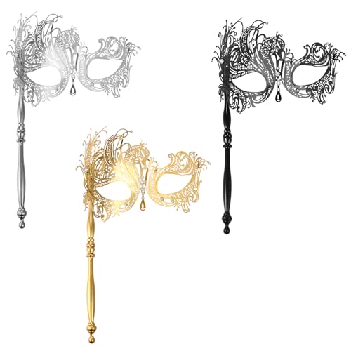 JewelryWe Venezianische Maske mit Stab für Damen: 3 Stück Metall Strass Maskerade Maske mit Haltestab Filigrane Augenmaske Kostüm Accessoires für Halloween Karneval Party Maskenball JewelryWe Venezianische Maske mit Stab für Damen: 3 Stück Metall Strass Maskerade Maske mit Haltestab Filigrane Augenmaske Kostüm Accessoires für Halloween Karneval Party Maskenball von JewelryWe