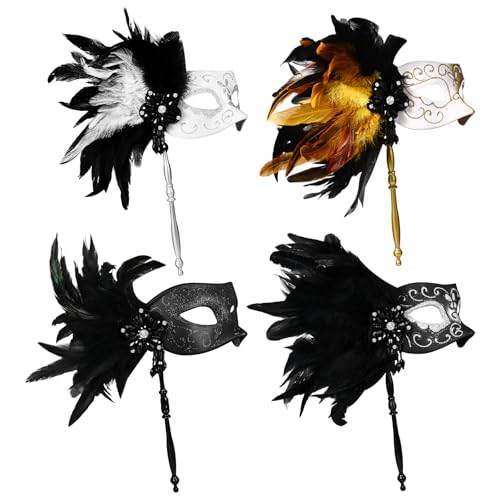 JewelryWe Venezianische Maske mit Stab für Damen: 4 Stück Maskerade Maske mit Stock, Federn und Glitzer Muster Elegant Handgehalten Federmaske Kostümmaske für Halloween Karneval Fasching Party JewelryWe Venezianische Maske mit Stab für Damen: 4 Stück Maskerade Maske mit Stock, Federn und Glitzer Muster Elegant Handgehalten Federmaske Kostümmaske für Halloween Karneval Fasching Party von JewelryWe