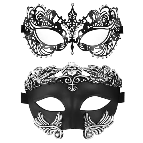 JewelryWe Venezianische Maskerade Maske Paar: 2 Stück sexy schwarz Strass Metallmaske Maskenball Maske Damen Herren Augenmaske Gesichtsmaske für Karneval Halloween Cosplay Party Kostüm von JewelryWe