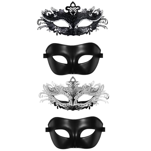 JewelryWe Venezianische Maskerade Maske Paar: 4 Stück Glitzer Strass Sexy Silber Schwarz Metallmaske Damen Herren Augenmaske Gesichtsmaske für Maskenball Karneval Halloween Cosplay Party Kostüm von JewelryWe