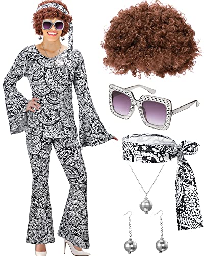 70er Jahre Damen Disco Kostüm Set Lady Disco Party Top Hose Sonnenbrille Disco Ball Halskette Ohrring Explosive Perücke (X-Large) von Jexine