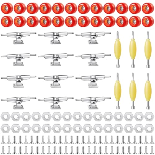 Jexine 6 Sets DIY Griffbrett Kit Griffbrett Zubehör Mini Finger Skateboard Teile enthalten 12 Halterungen, 54 Schrauben 30 Muttern 6 Schraubendreher 24 Griffbrett Räder Werkzeug für 96 mm (rot) von Jexine