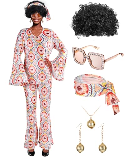 Jexine Halloween 70er Jahre Damen Disco Kostüm Set Lady Disco Party Top Hose Sonnenbrille Ball Halskette Ohrring Explosive Perücke (heller Stil, X-Large) von Jexine