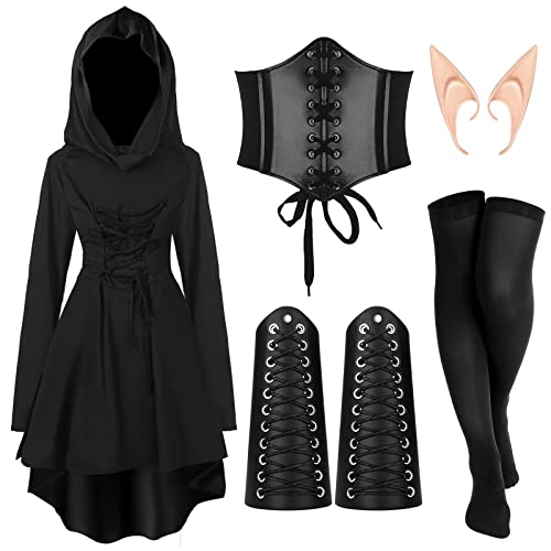Jeyiour 5-teiliges Renaissance-Kostüm-Set für Damen, mit Kapuze, Taillengürtel, Lederarmband, Elfenohren, Socken für Mittelalter, Cosplay, Größe XL Jeyiour 5-teiliges Renaissance-Kostüm-Set für Damen, mit Kapuze, Taillengürtel, Lederarmband, Elfenohren, Socken für Mittelalter, Cosplay, Größe XL von Jeyiour