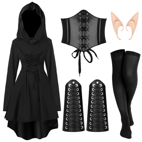 Jeyiour 5-teiliges Renaissance-Kostüm-Set für Damen, mit Kapuze, Taillengürtel, Lederarmband, Elfenohren, Socken für Mittelalter, Cosplay (XXL) von Jeyiour
