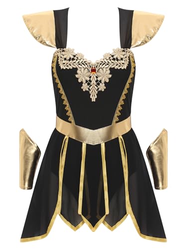 Jhaoyu Damen Antike Griechisch Römische Kostüm Krigerin Toga Umhang Kleid mit Armbändern Gold Halloween Fasching Karneval Cosplay Verkleidung S-XL Schwarz 3XL von Jhaoyu