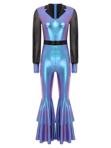 Jhaoyu Damen Metallic Jumpsuit 70er 80er Disco Kostüm Langarm Ganzkörperanzug mit Schlaghose Vintage Retro Hippe Kostüm Karneval Cosplay Party Farbverlauf Blau XXL Jhaoyu Damen Metallic Jumpsuit 70er 80er Disco Kostüm Langarm Ganzkörperanzug mit Schlaghose Vintage Retro Hippe Kostüm Karneval Cosplay Party Farbverlauf Blau XXL von Jhaoyu