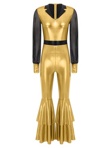 Jhaoyu Damen Metallic Jumpsuit 70er 80er Disco Kostüm Langarm Ganzkörperanzug mit Schlaghose Vintage Retro Hippe Kostüm Karneval Cosplay Party Gold XXL Jhaoyu Damen Metallic Jumpsuit 70er 80er Disco Kostüm Langarm Ganzkörperanzug mit Schlaghose Vintage Retro Hippe Kostüm Karneval Cosplay Party Gold XXL von Jhaoyu