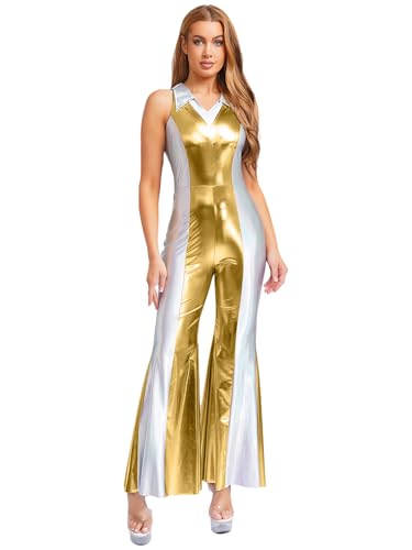Jhaoyu Damen Metallisch Overall Farbblock Ganzkörperanzug mit Schlaghose Vintage Jumpsuit Festliches Disco Hippie Outfit Für Karneval Cosplay Party Gold XXL Jhaoyu Damen Metallisch Overall Farbblock Ganzkörperanzug mit Schlaghose Vintage Jumpsuit Festliches Disco Hippie Outfit Für Karneval Cosplay Party Gold XXL von Jhaoyu