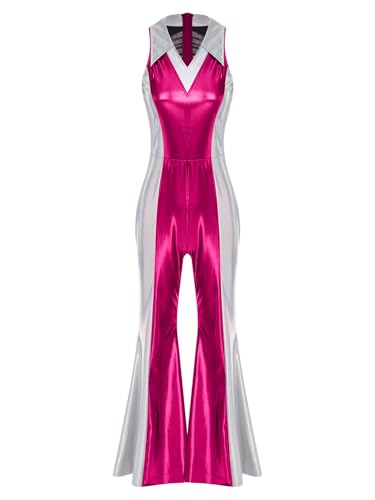 Jhaoyu Damen Metallisch Overall Farbblock Ganzkörperanzug mit Schlaghose Vintage Jumpsuit Festliches Disco Hippie Outfit Für Karneval Cosplay Party Hot Pink XXL Jhaoyu Damen Metallisch Overall Farbblock Ganzkörperanzug mit Schlaghose Vintage Jumpsuit Festliches Disco Hippie Outfit Für Karneval Cosplay Party Hot Pink XXL von Jhaoyu