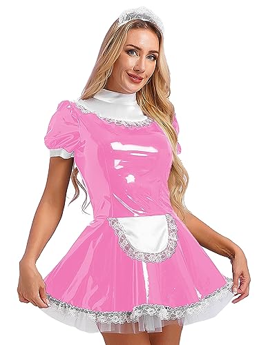 Jhaoyu Damen PVC Maid Kleid Outfits Sissy Maid hochglänzend Sklavenkleid mit Rüschen französische Dienstmädchen Cosplay Kostüme Faschingskostüme Rosa 4XL von Jhaoyu