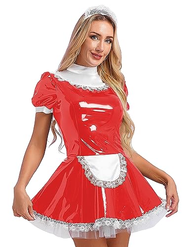 Jhaoyu Damen PVC Maid Kleid Outfits Sissy Maid hochglänzend Sklavenkleid mit Rüschen französische Dienstmädchen Cosplay Kostüme Faschingskostüme Rot 3XL von Jhaoyu