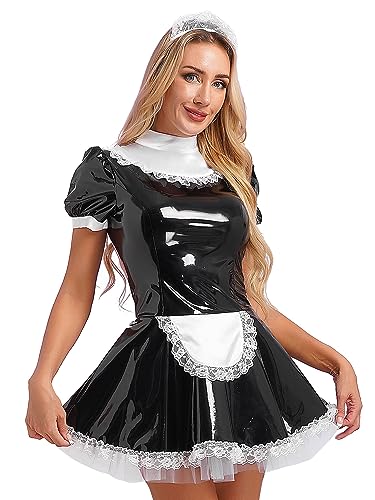 Jhaoyu Damen PVC Maid Kleid Outfits Sissy Maid hochglänzend Sklavenkleid mit Rüschen französische Dienstmädchen Cosplay Kostüme Faschingskostüme Schwarz 5XL von Jhaoyu