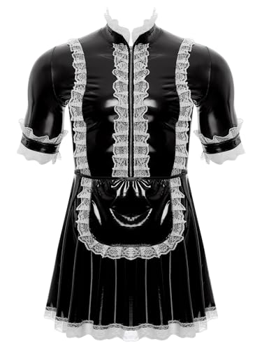 Jhaoyu Herren PVC Maid Kleid Outfits Sissy Maid hochglänzend Sklavenkleid mit Rüschen Dienstmädchen Cosplay Kostüme Faschingskostüme Clubwear Schwarz XL von Jhaoyu