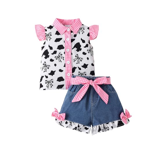 Jhaoyu Kleinkind Baby Mädchen Outfit Cowgirl Verkleidung Kariertes Kurzarmhemd Kuhmuster Und Jeans Shorts Set Rosa Schleife 86-92 von Jhaoyu