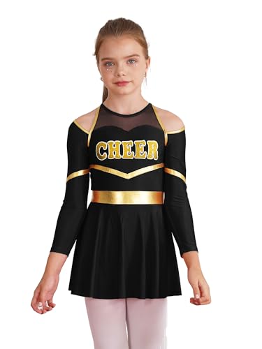 Jhaoyu Mädchen Cheer-leader Kostüm Langarm 2tlg Schulmädchen Uniform Bauchfrei Oberteil mit Rock Karneval Halloween Party Weihnachten Kostüm Schwarz 122-128 von Jhaoyu