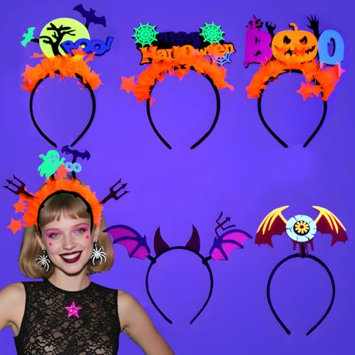 Halloween-Stirnbänder, 6 Stück, neonleuchtende Boo-Haarbänder, UV-reaktiv, Schwarzlicht, Filz, Kopfbedeckung mit Kürbis-, Fledermaus-, Geistermuster, leuchtet im Dunkeln, für Halloween-Partys von Jhfinely
