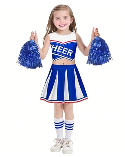 JiAmy Cheerleader Kostüm Kinder mit Pompoms und Kopfschmuck, Schulspiel Cheerleading Uniform Halloween Fancy Dress Up Outfit für 4-5 Jahre JiAmy Cheerleader Kostüm Kinder mit Pompoms und Kopfschmuck, Schulspiel Cheerleading Uniform Halloween Fancy Dress Up Outfit für 4-5 Jahre von JiAmy